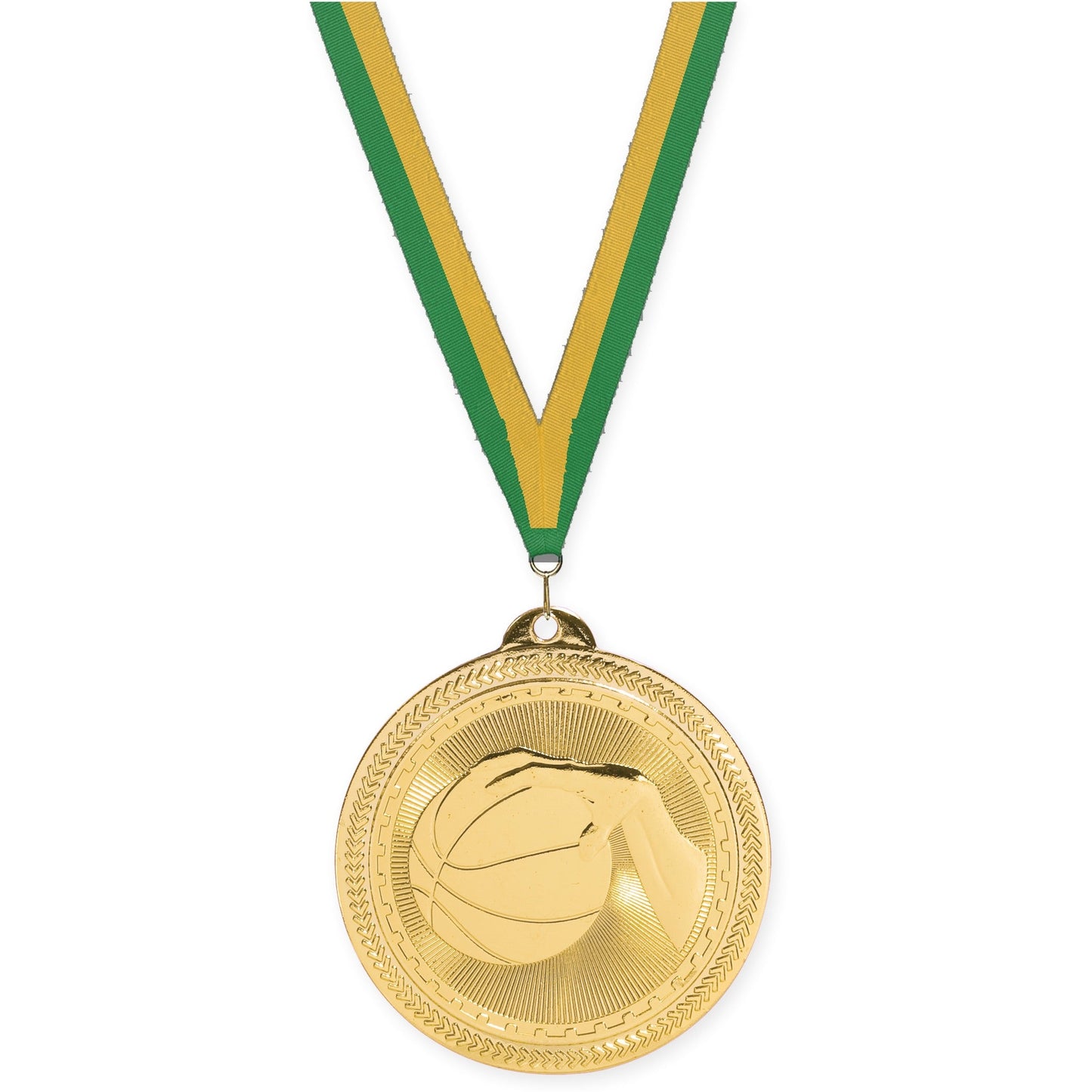 2 inch basketball Sunburst medal in bright gold with Green Gold neck ribbon