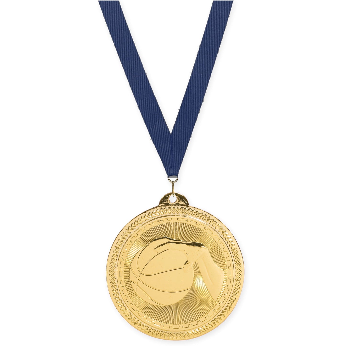 2 inch basketball Sunburst medal in bright gold with Navy neck ribbon