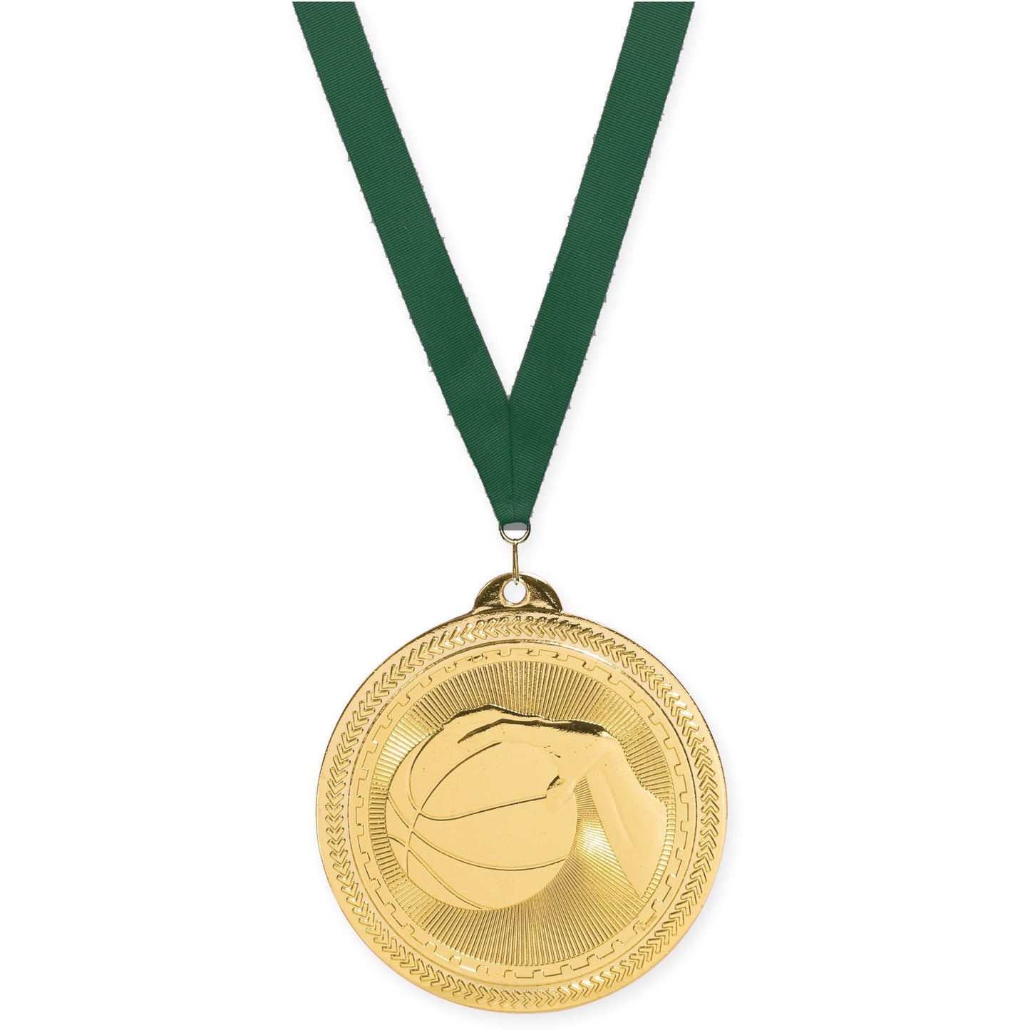2 inch basketball Sunburst medal in bright gold with Hunter Green neck ribbon