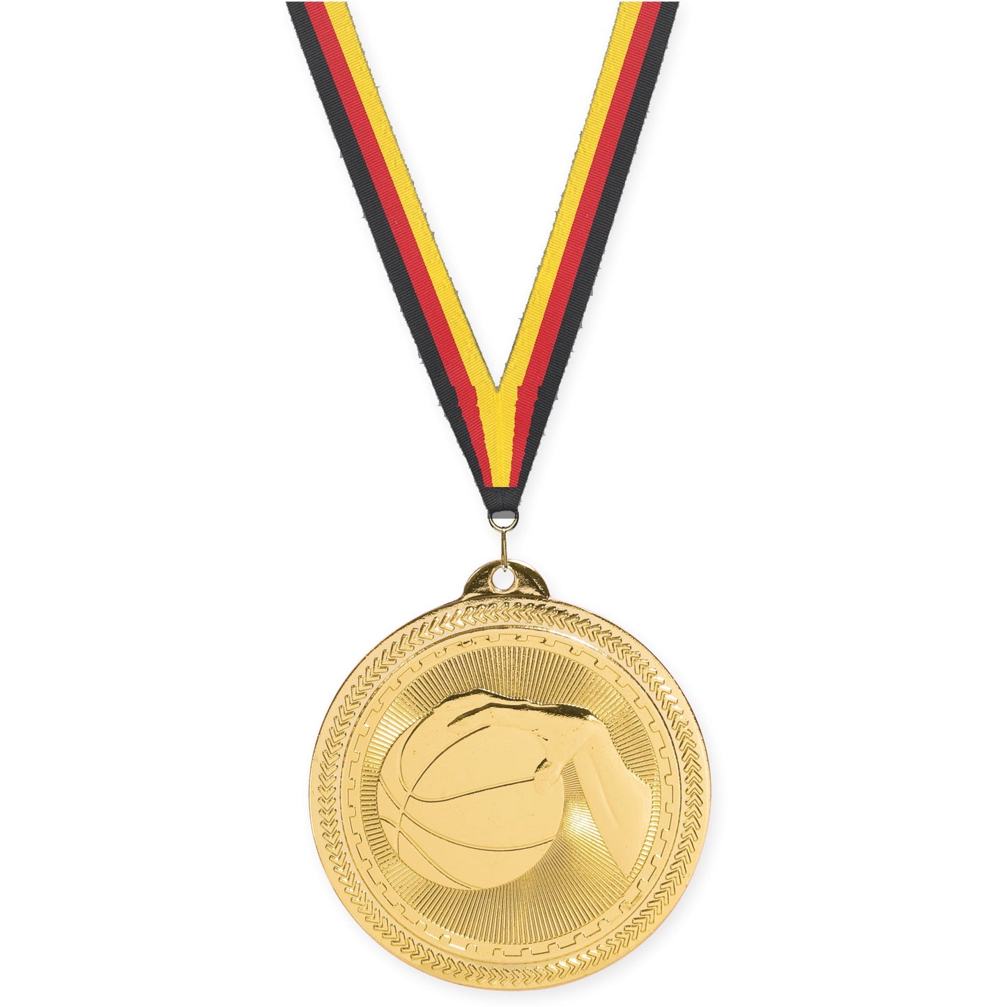 2 inch basketball Sunburst medal in bright gold with Black Red Yellow neck ribbon