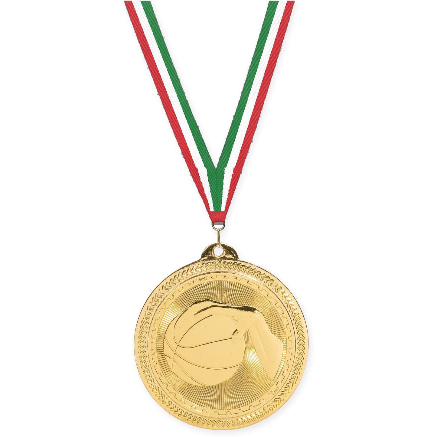 2 inch basketball Sunburst medal in bright gold with Red White Green neck ribbon