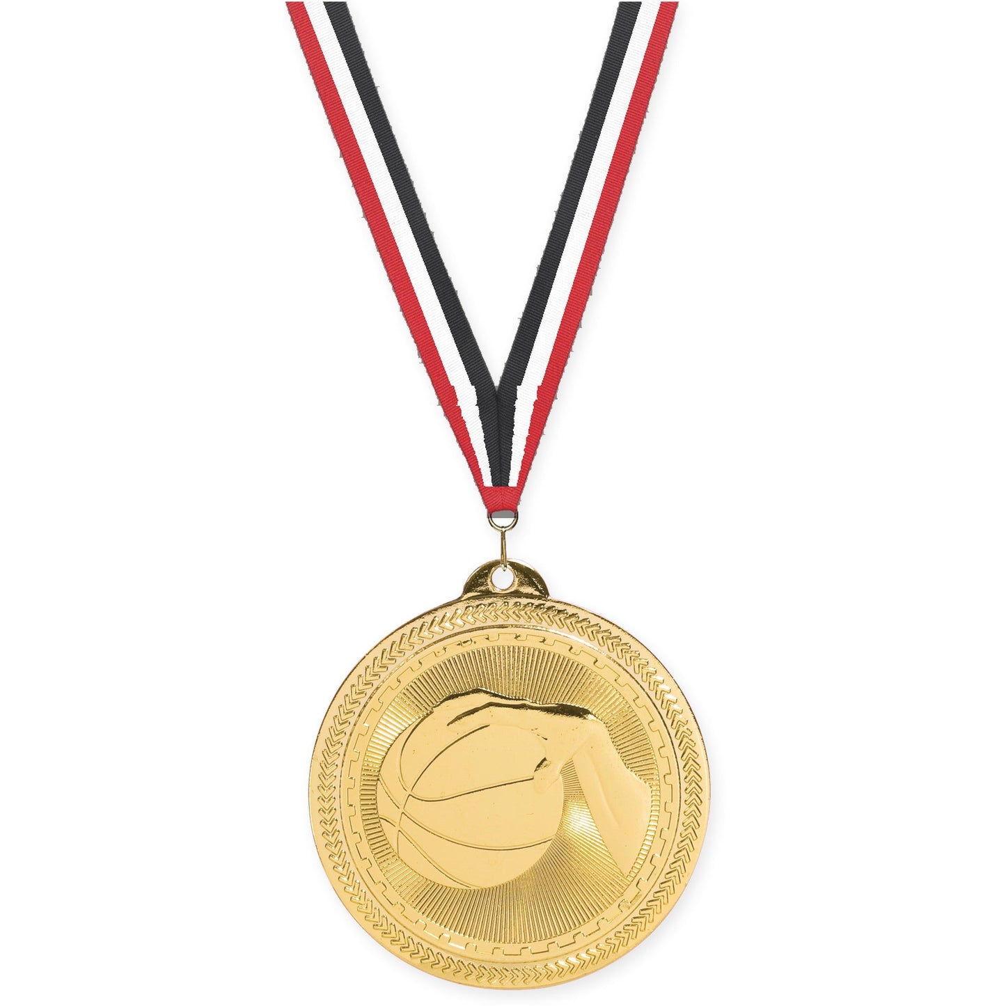 2 inch basketball Sunburst medal in bright gold with Red White Black neck ribbon