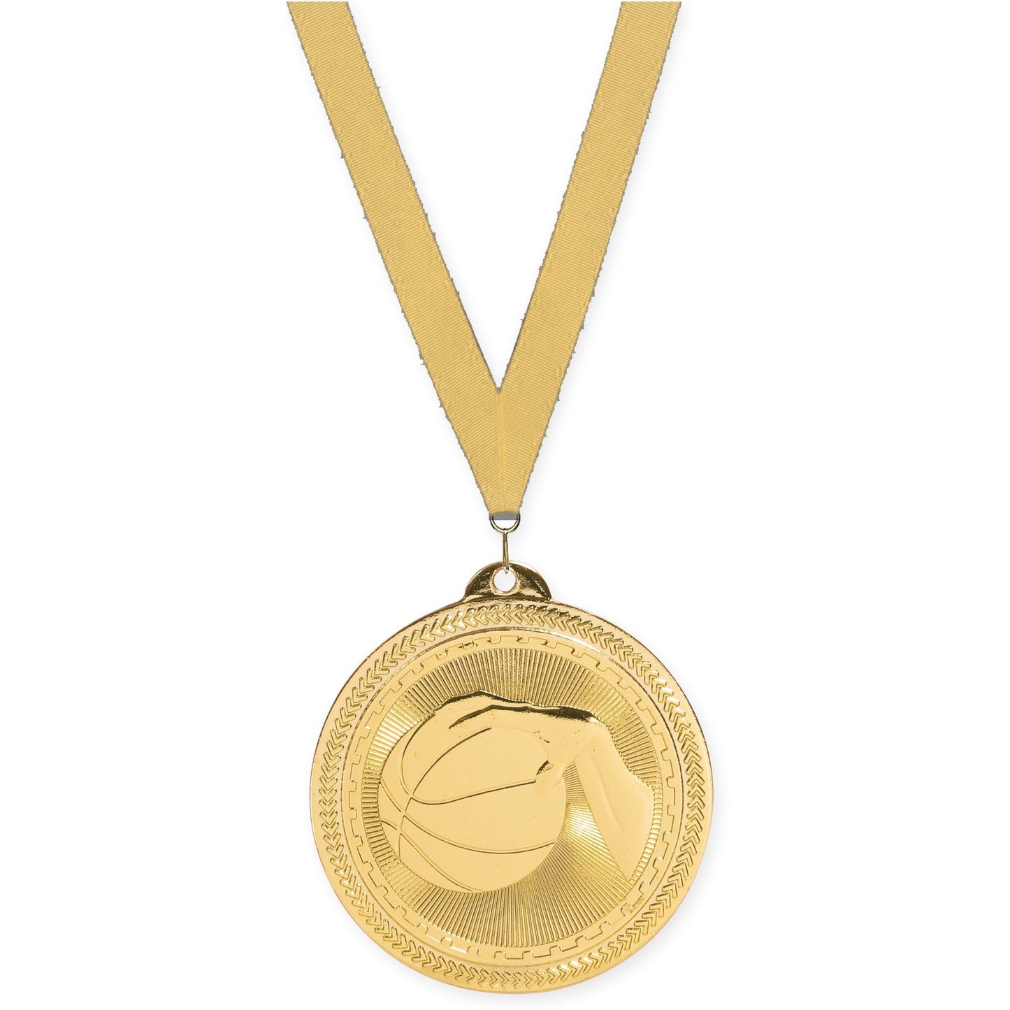 2 inch basketball Sunburst medal in bright gold with Gold Metallic neck ribbon