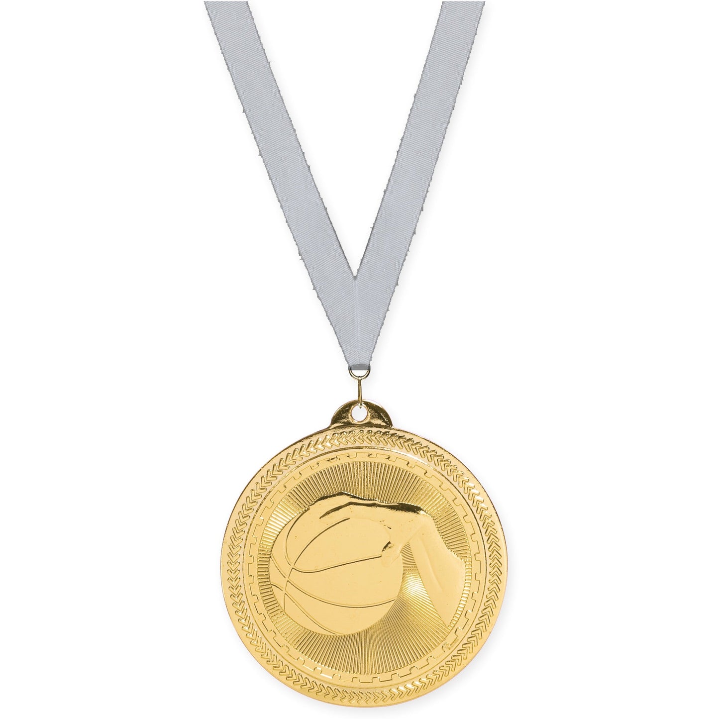 2 inch basketball Sunburst medal in bright gold with Silver Metallic neck ribbon