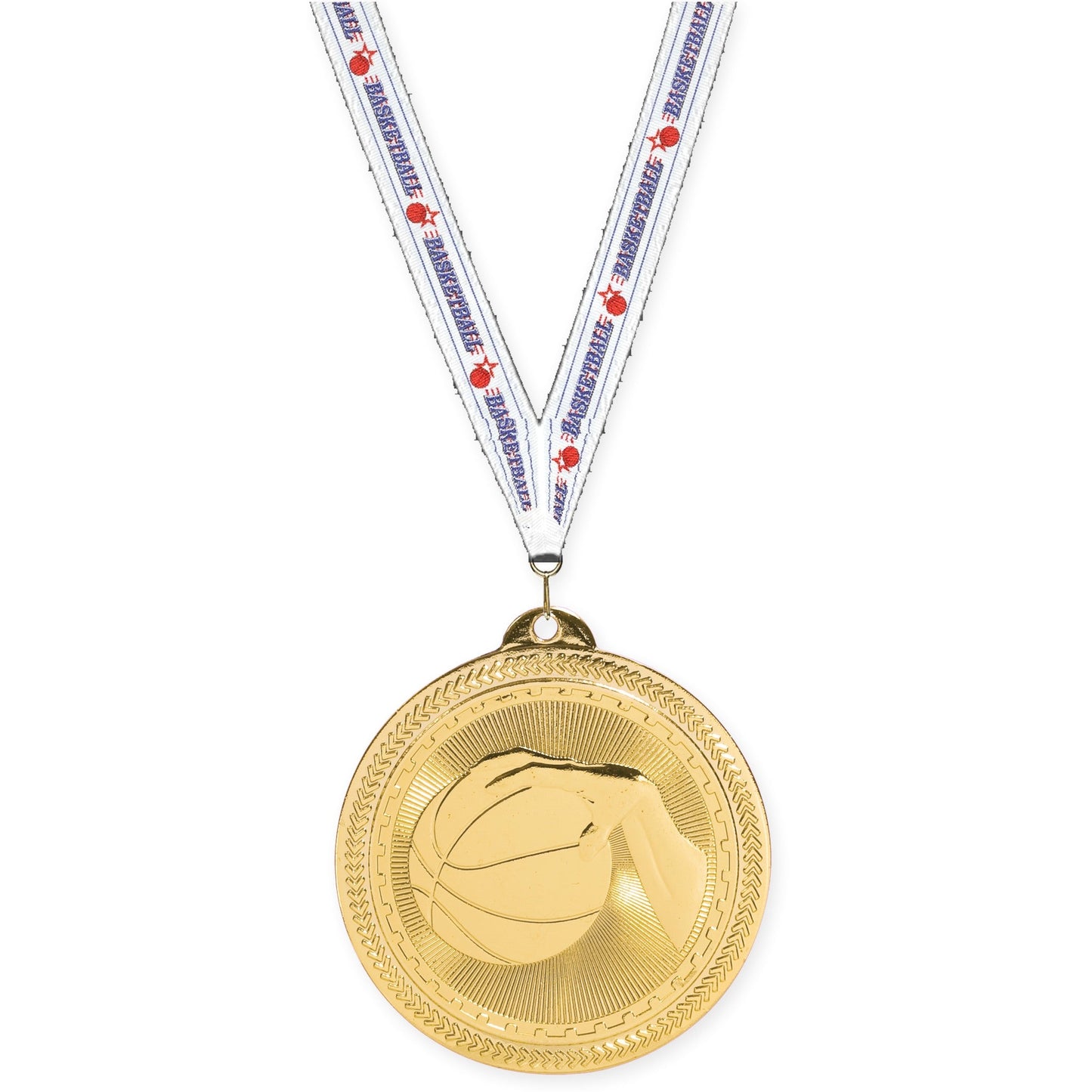2 inch basketball Sunburst medal in bright gold with Basketball neck ribbon