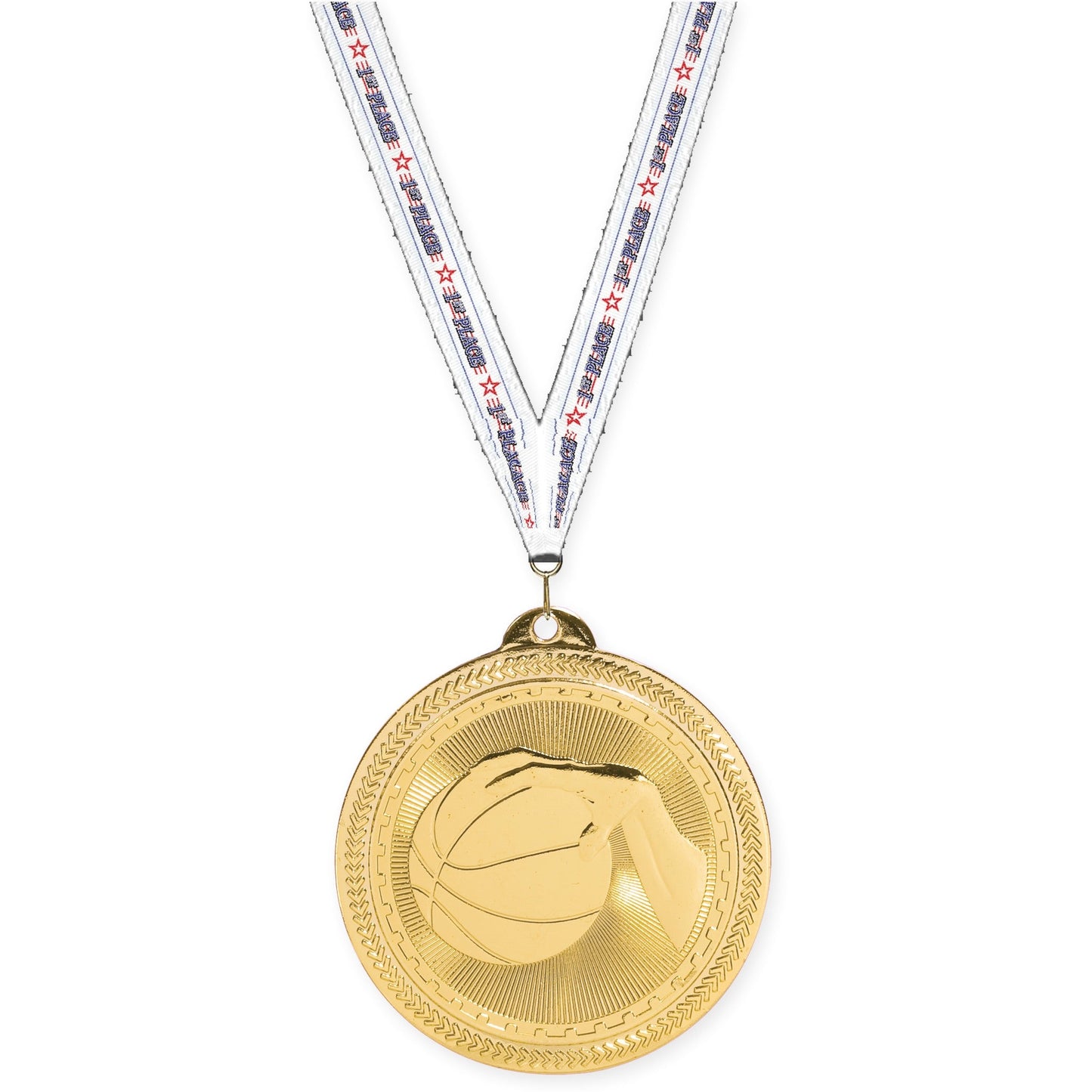 2 inch basketball Sunburst medal in bright gold with 1st Place neck ribbon