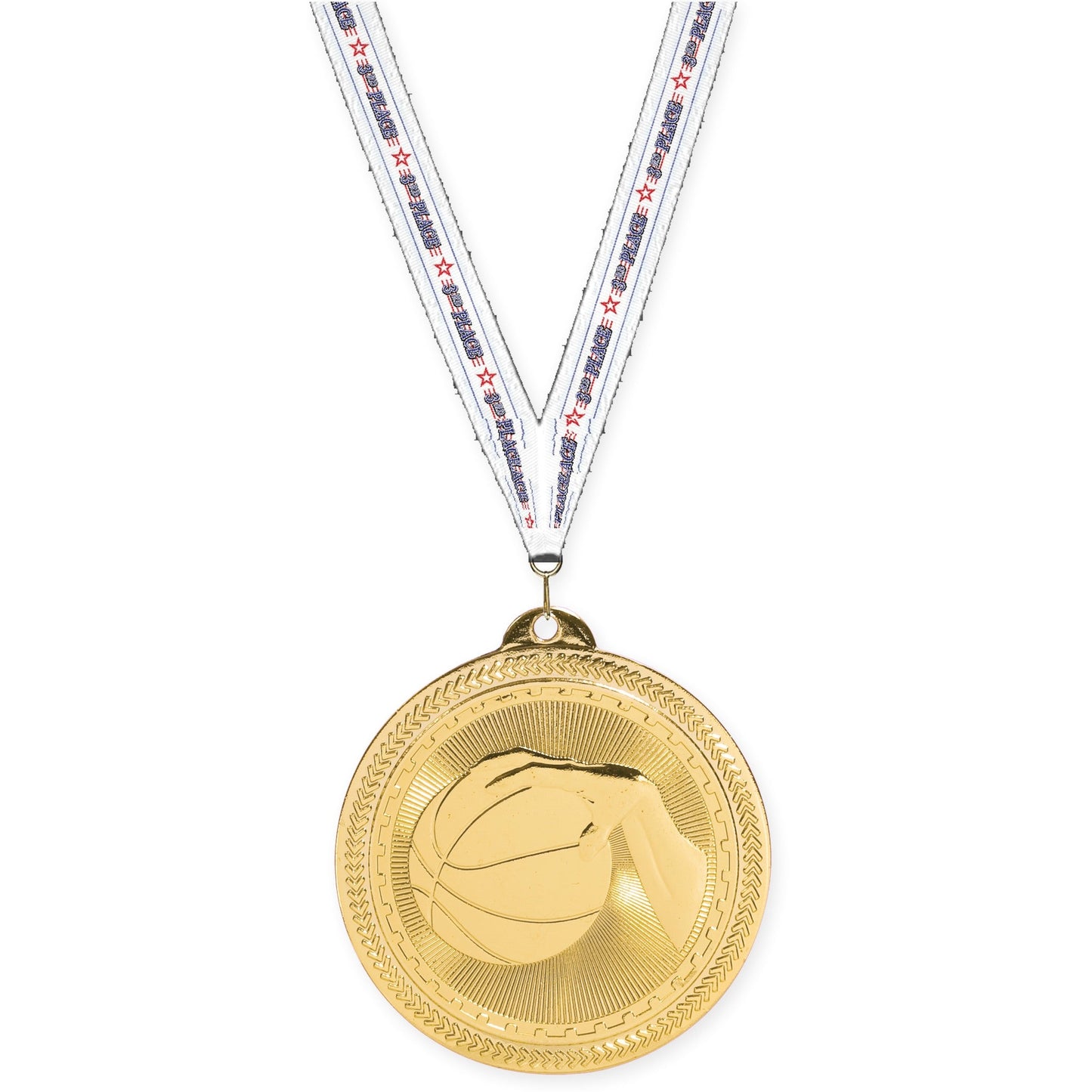 2 inch basketball Sunburst medal in bright gold with 3rd Place neck ribbon
