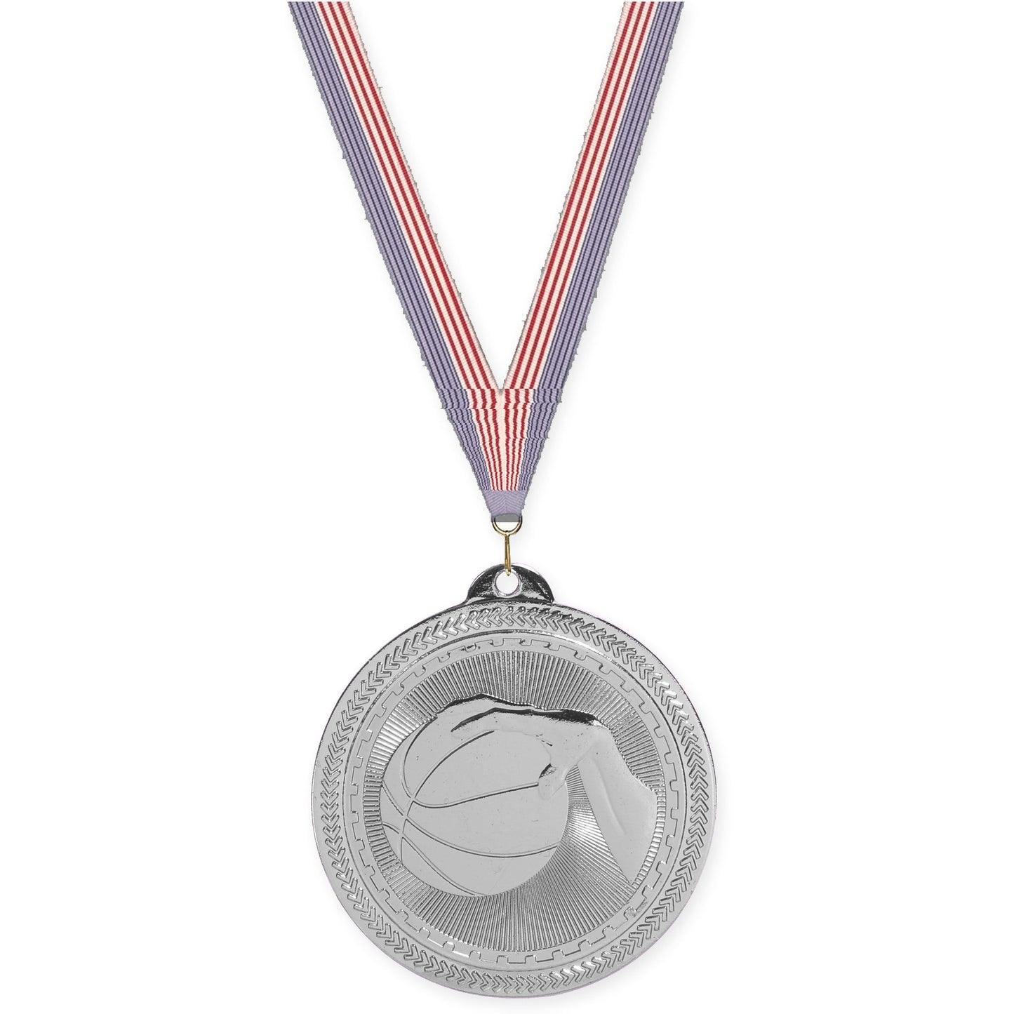 2 inch basketball Sunburst medal in bright silver with USA Flag neck ribbon