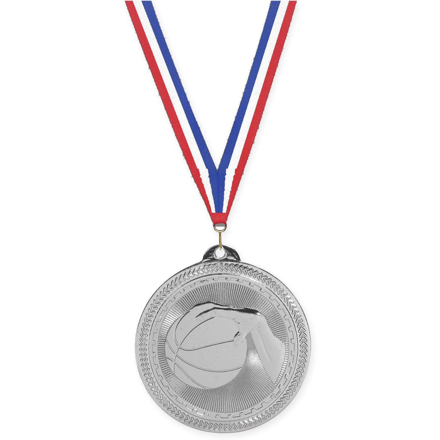 2 inch basketball Sunburst medal in bright silver with Red White Blue neck ribbon