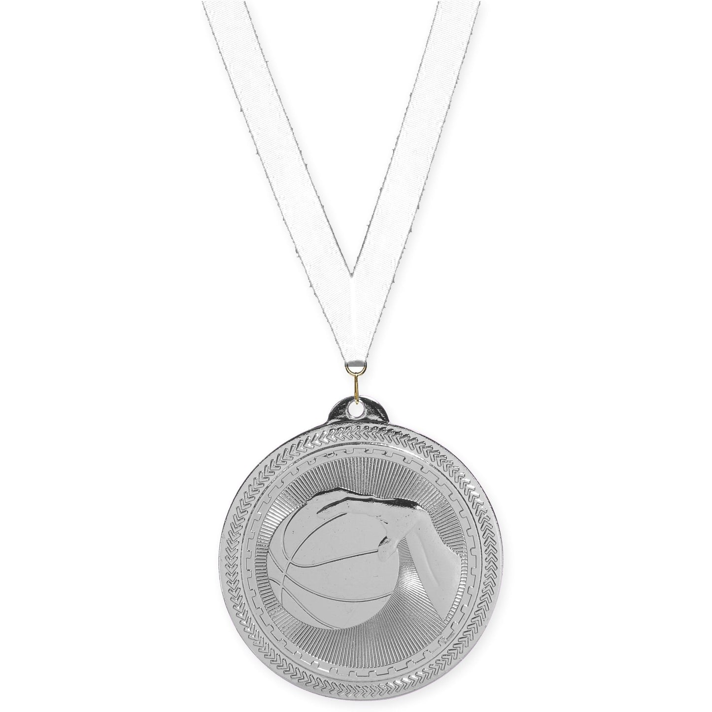 2 inch basketball Sunburst medal in bright silver with White neck ribbon