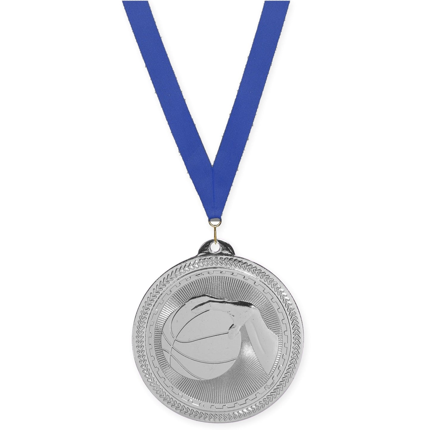 2 inch basketball Sunburst medal in bright silver with Blue neck ribbon