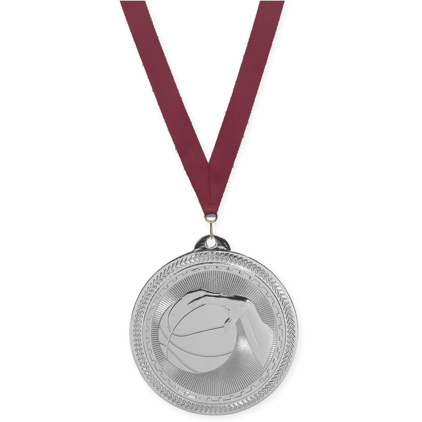 2 inch basketball Sunburst medal in bright silver with Maroon neck ribbon