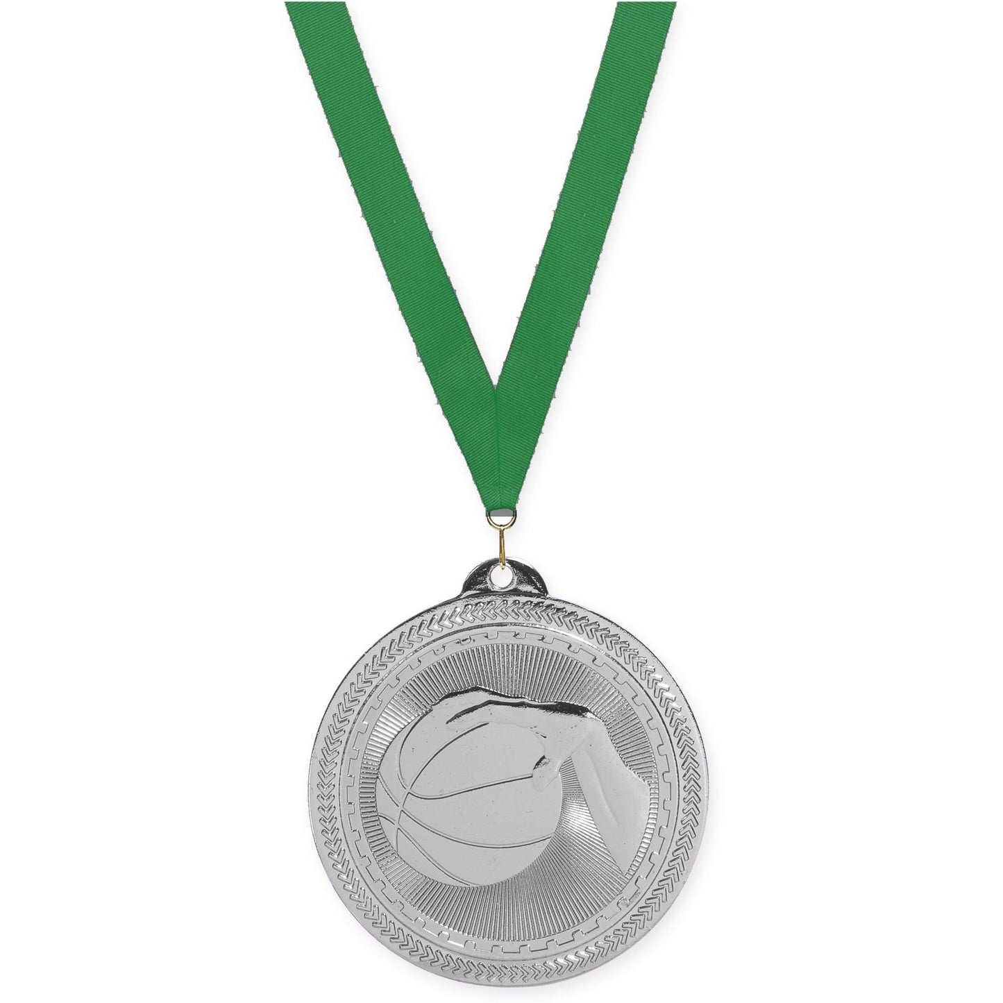 2 inch basketball Sunburst medal in bright silver with Green neck ribbon