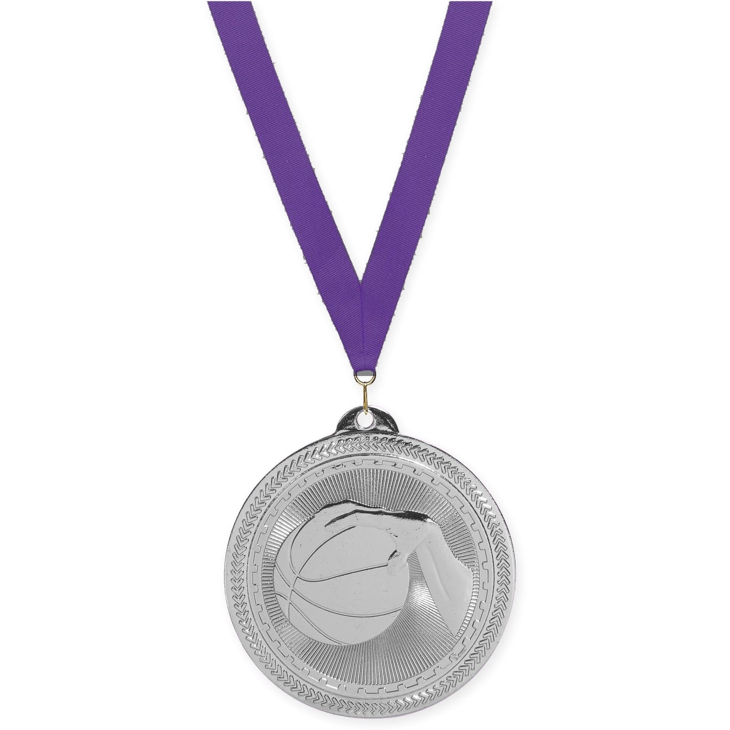 2 inch basketball Sunburst medal in bright silver with Purple neck ribbon