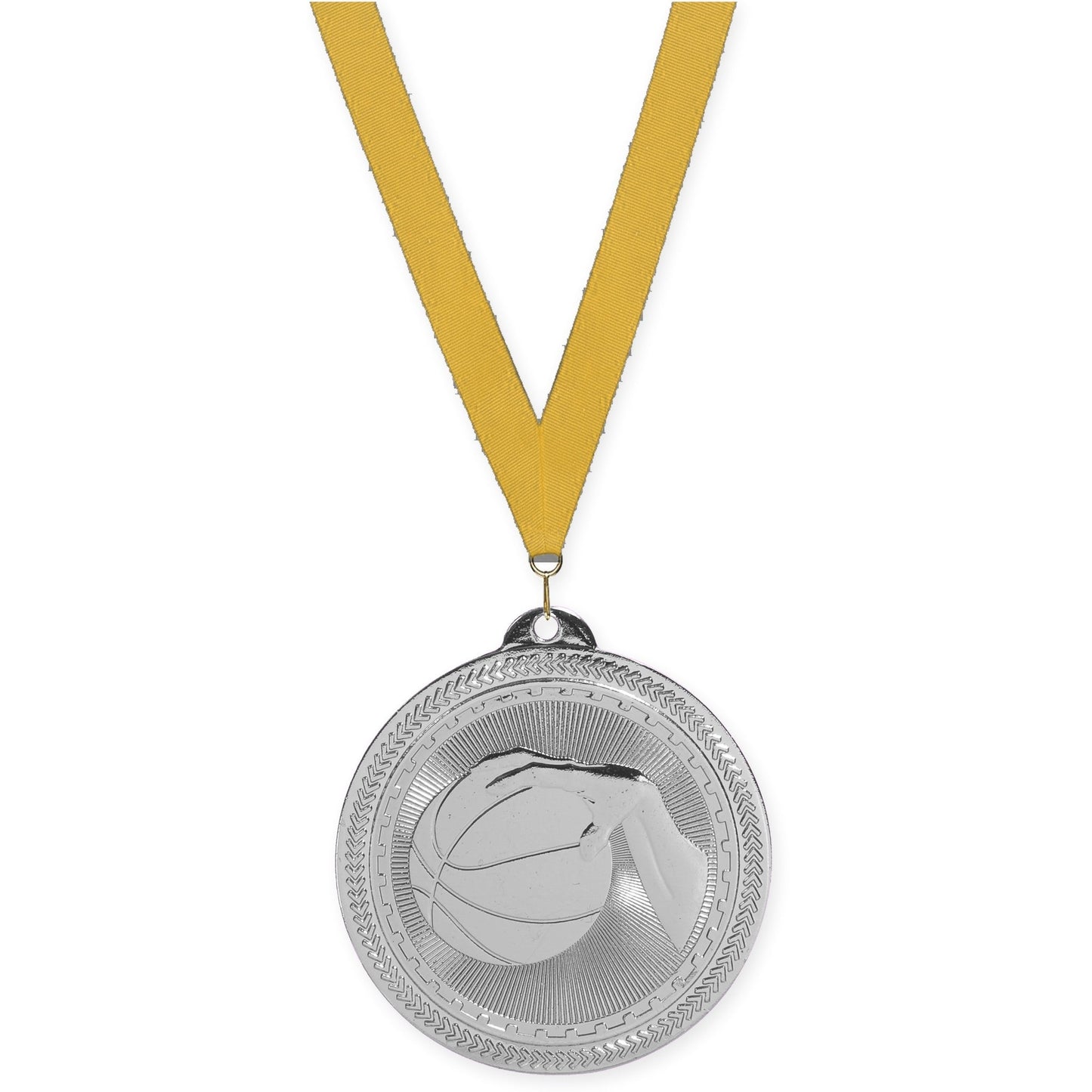 2 inch basketball Sunburst medal in bright silver with Gold neck ribbon