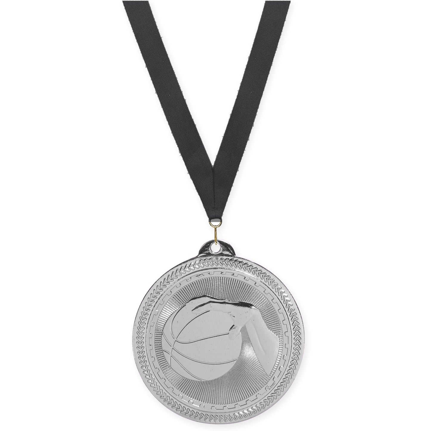 2 inch basketball Sunburst medal in bright silver with Black neck ribbon