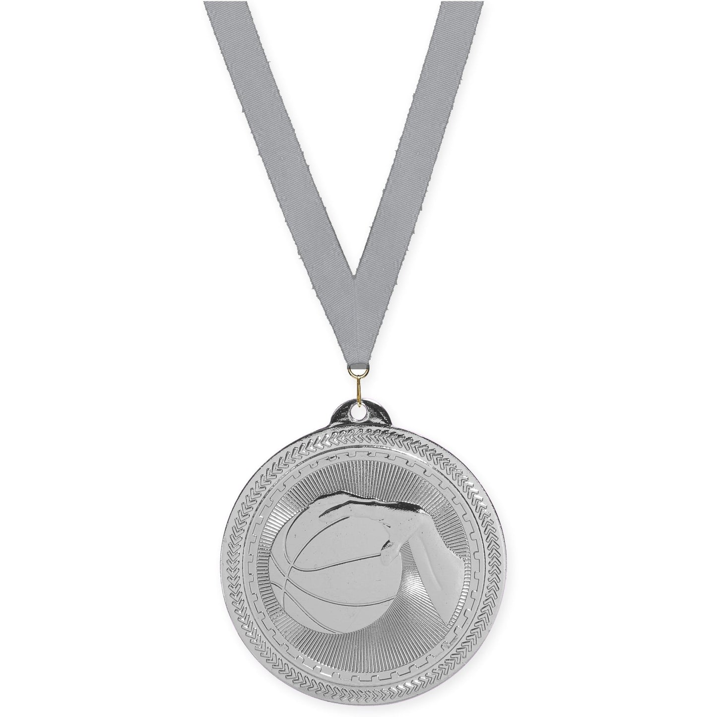 2 inch basketball Sunburst medal in bright silver with Gray neck ribbon