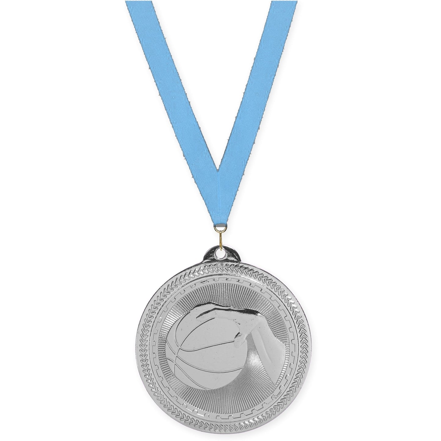 2 inch basketball Sunburst medal in bright silver with Light Blue neck ribbon