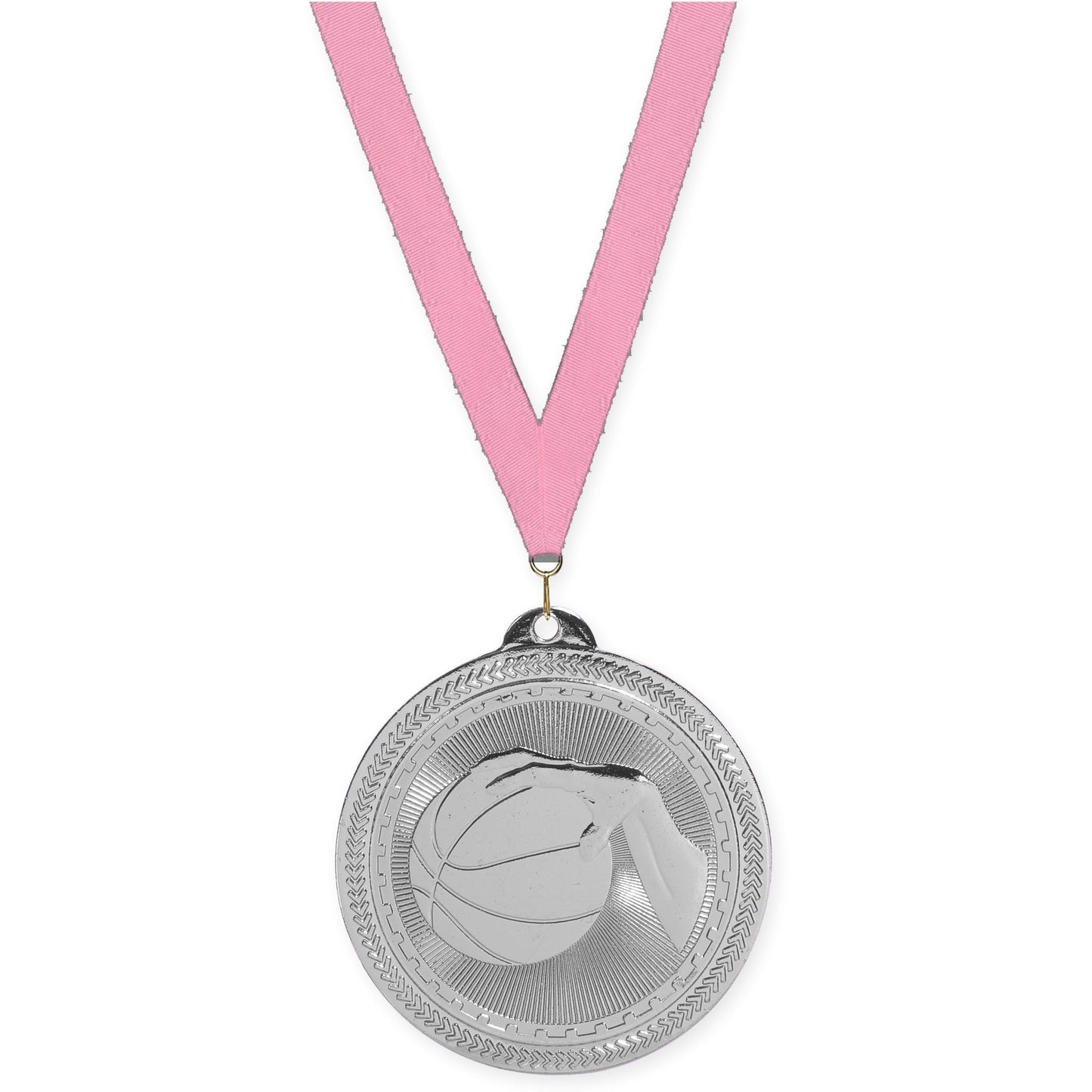 2 inch basketball Sunburst medal in bright silver with Pink neck ribbon
