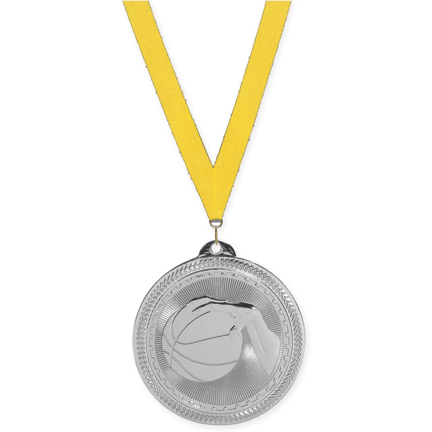 2 inch basketball Sunburst medal in bright silver with Yellow neck ribbon