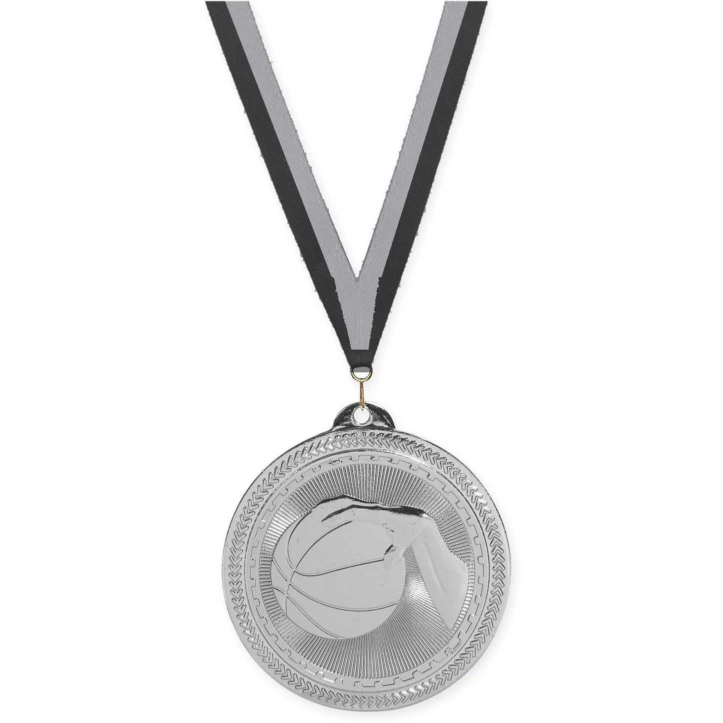 2 inch basketball Sunburst medal in bright silver with Black Gray neck ribbon