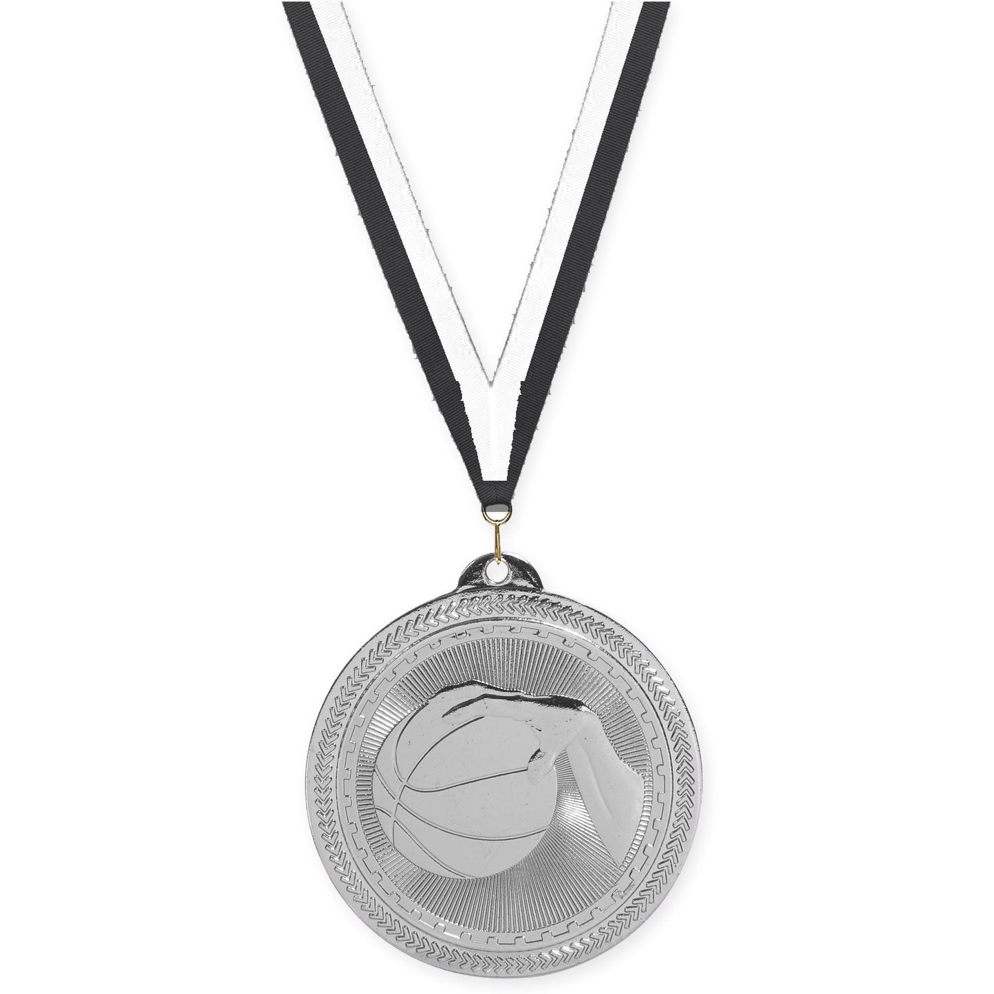 2 inch basketball Sunburst medal in bright silver with Black White neck ribbon