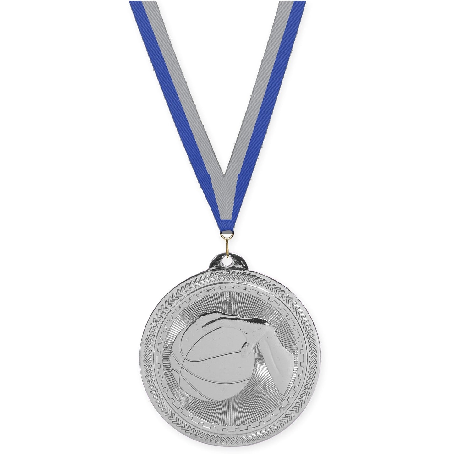 2 inch basketball Sunburst medal in bright silver with Blue Gray neck ribbon