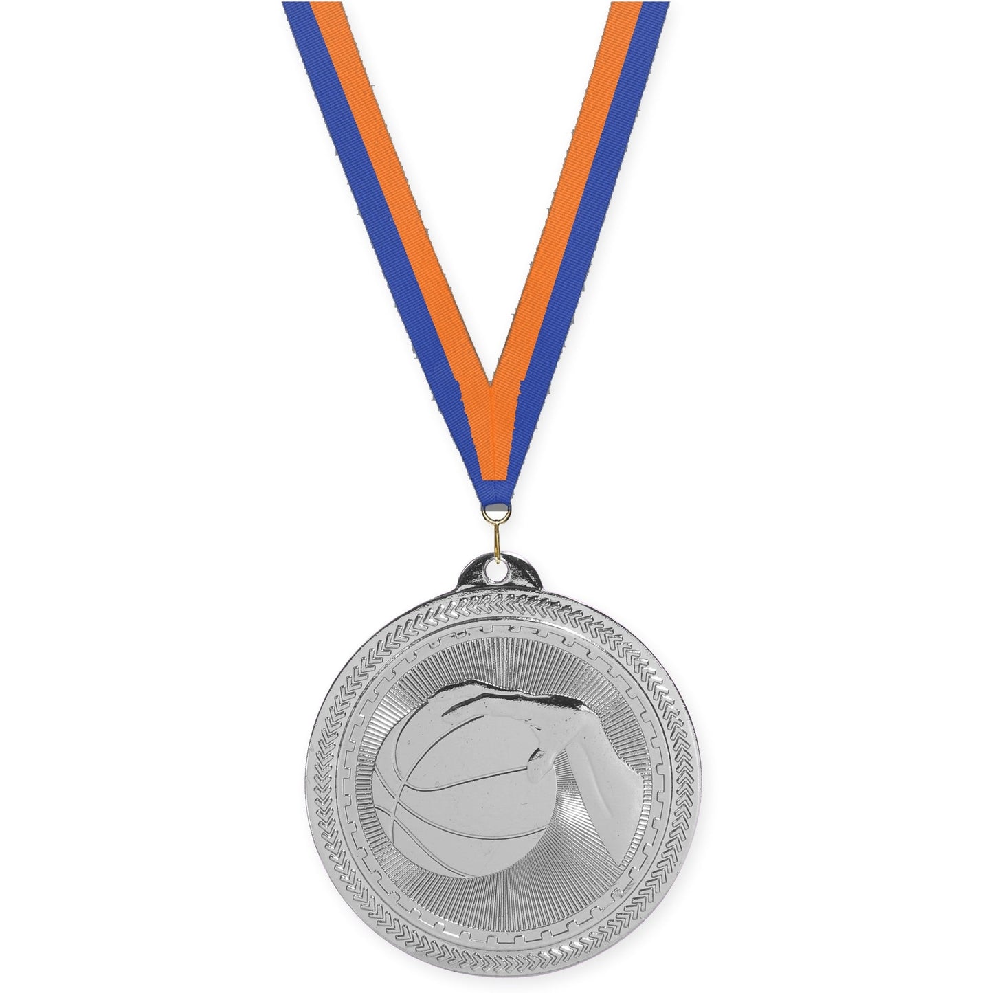 2 inch basketball Sunburst medal in bright silver with Blue Orange neck ribbon