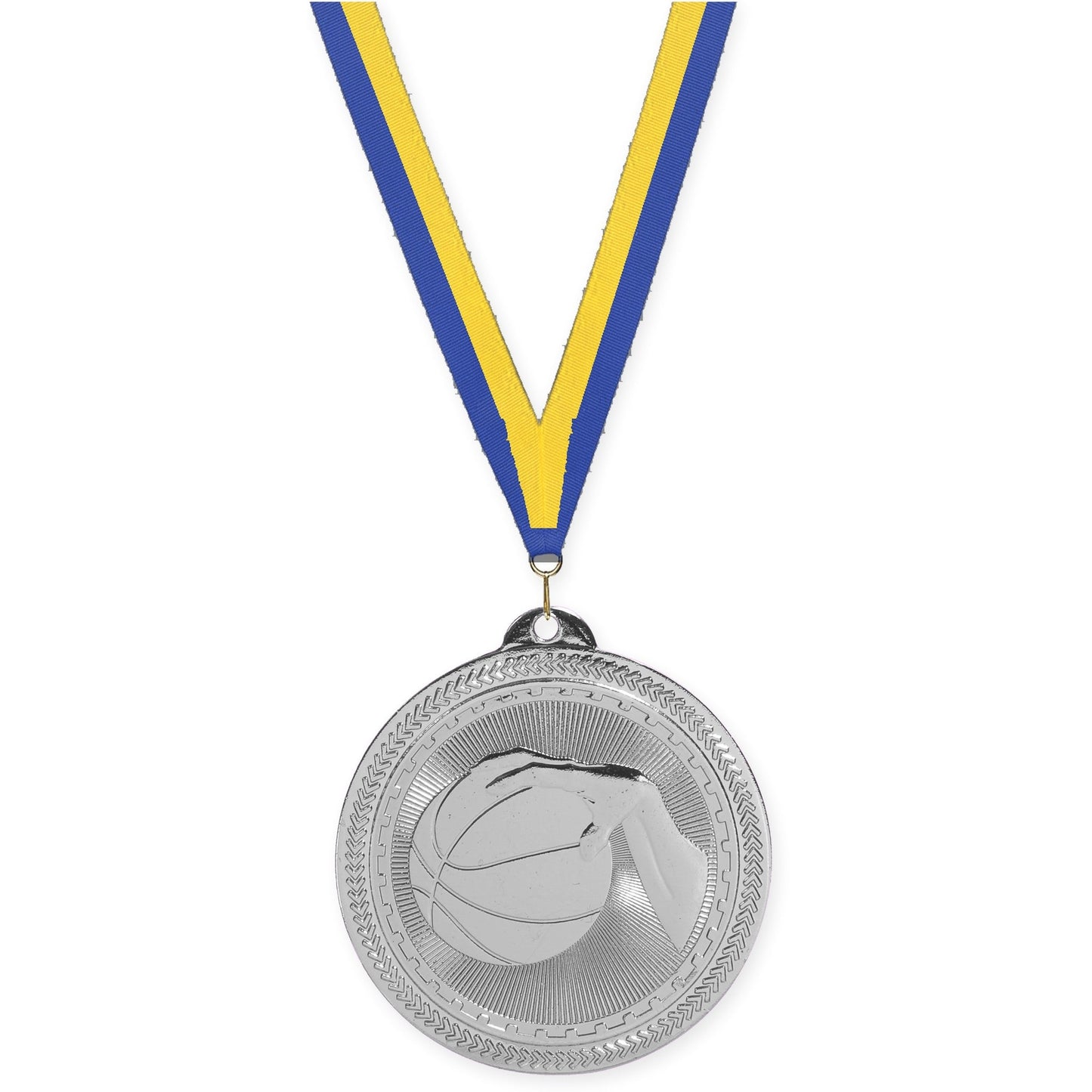 2 inch basketball Sunburst medal in bright silver with Blue Yellow neck ribbon