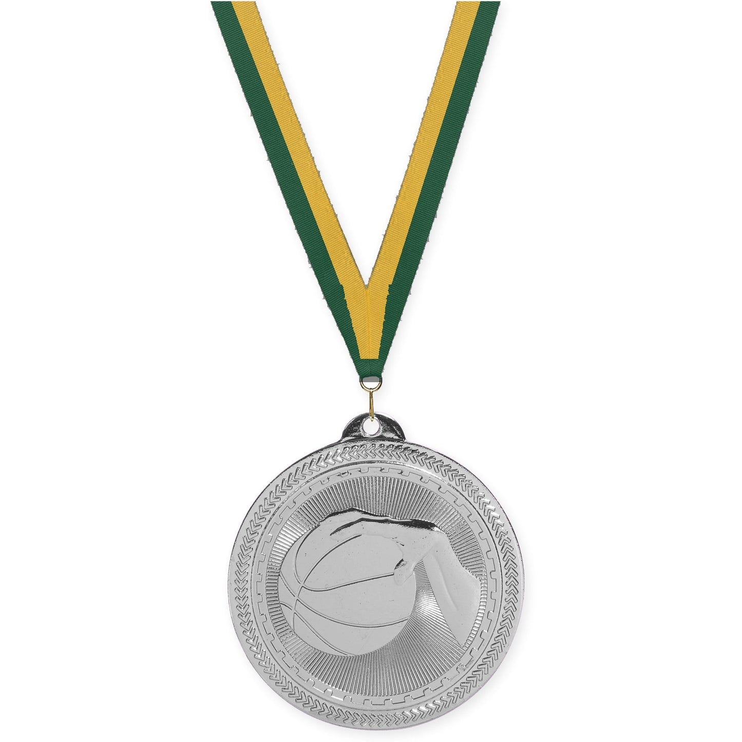 2 inch basketball Sunburst medal in bright silver with Hunter Green Gold neck ribbon