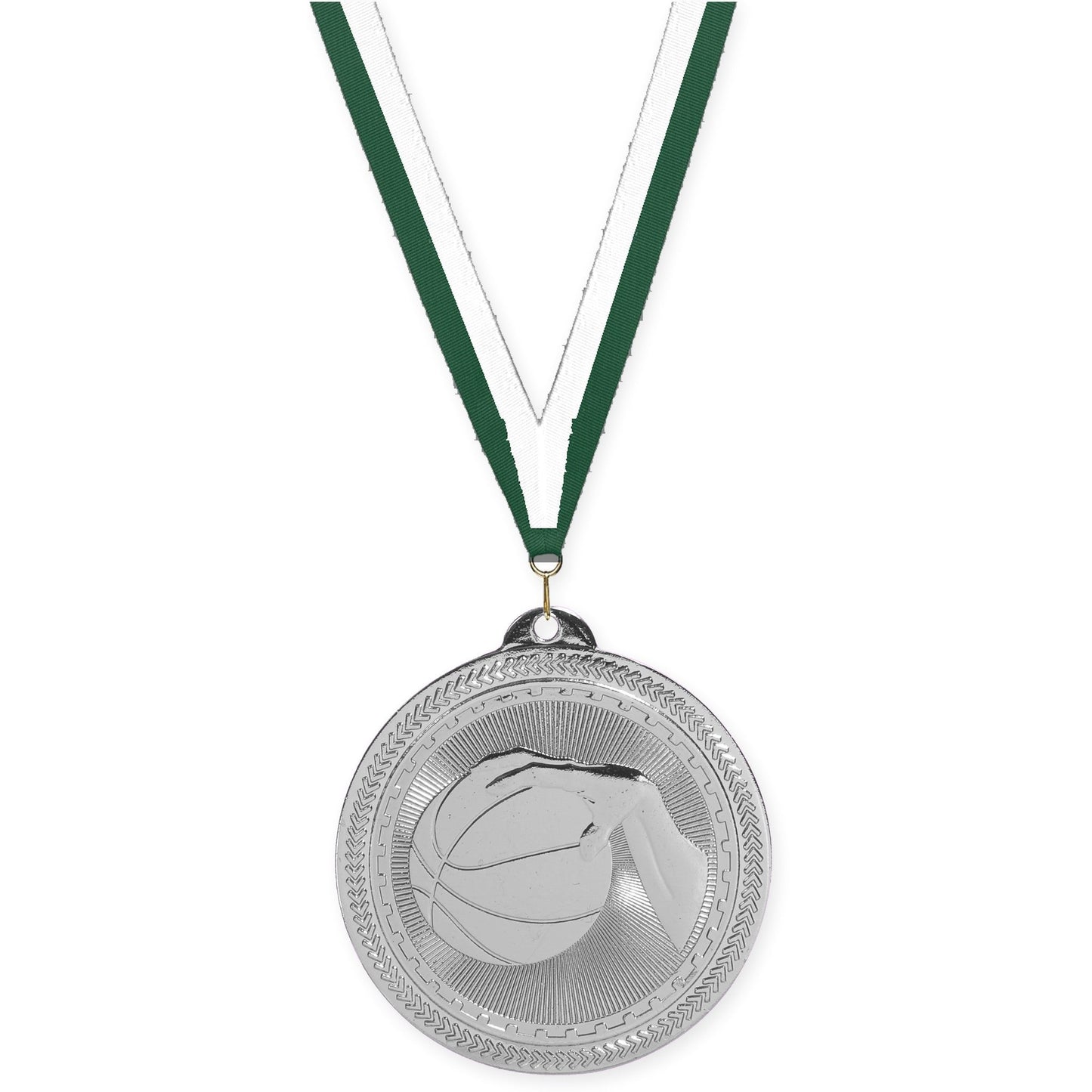 2 inch basketball Sunburst medal in bright silver with Hunter Green White neck ribbon