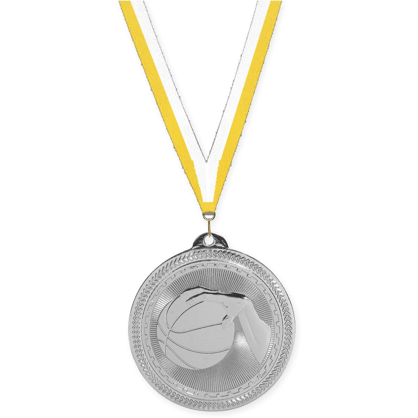 2 inch basketball Sunburst medal in bright silver with Yellow White neck ribbon