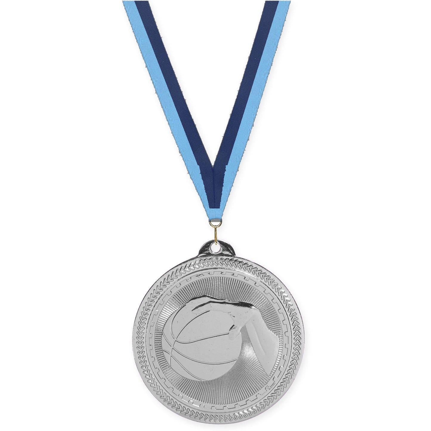 2 inch basketball Sunburst medal in bright silver with Light Blue Navy neck ribbon