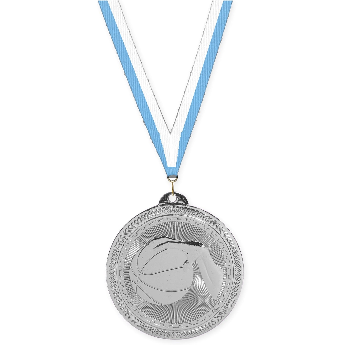 2 inch basketball Sunburst medal in bright silver with Light Blue White neck ribbon