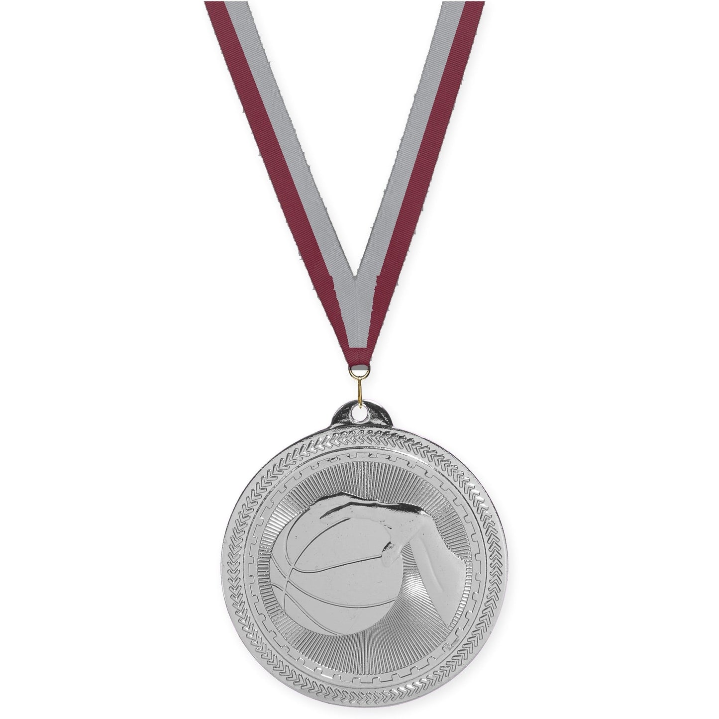 2 inch basketball Sunburst medal in bright silver with Maroon Gray neck ribbon
