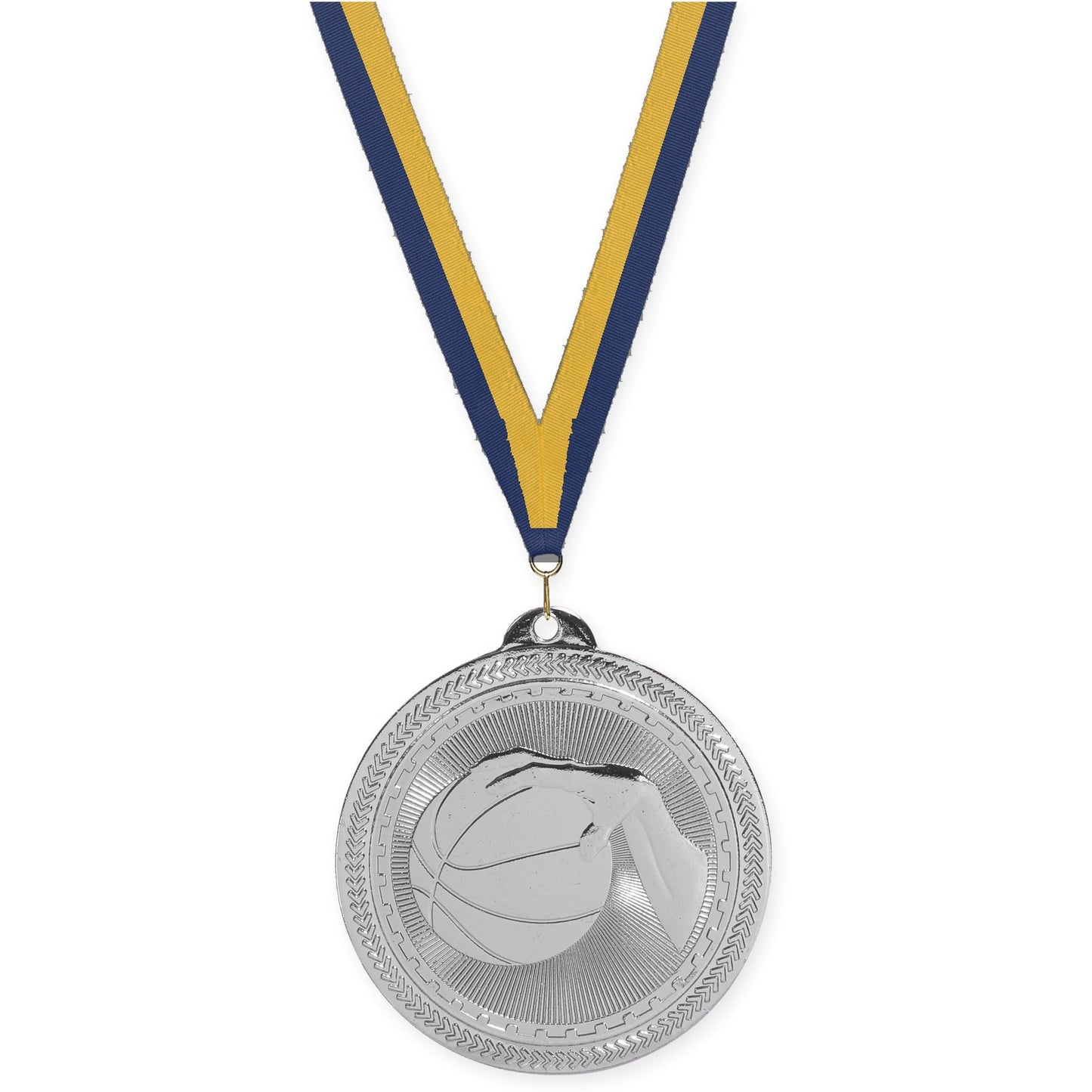 2 inch basketball Sunburst medal in bright silver with Navy Gold neck ribbon