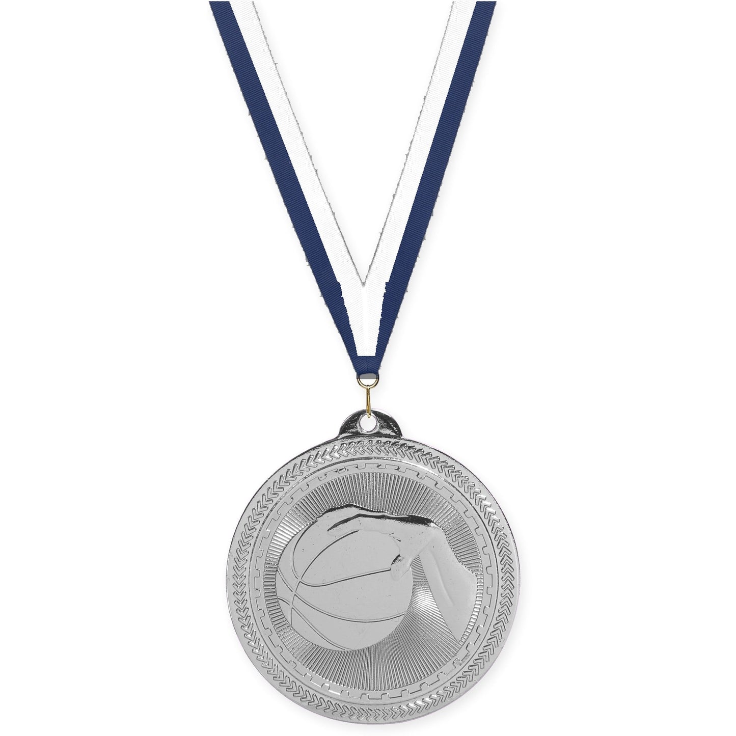 2 inch basketball Sunburst medal in bright silver with Navy White neck ribbon