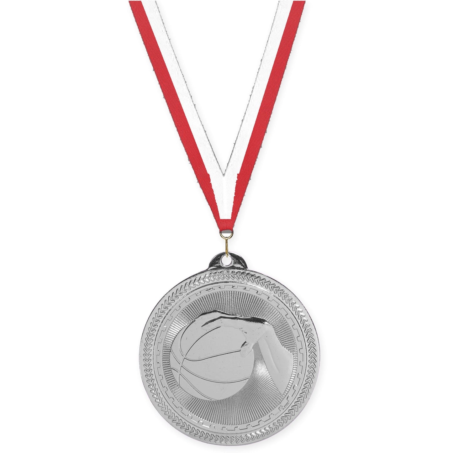 2 inch basketball Sunburst medal in bright silver with Red White neck ribbon