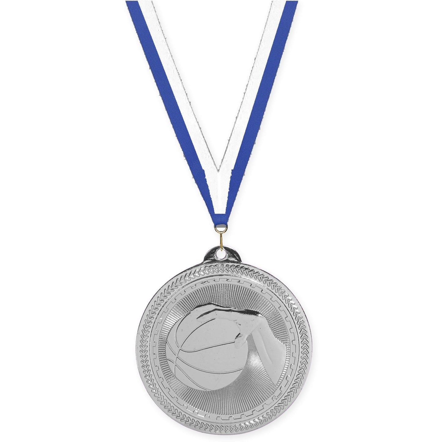 2 inch basketball Sunburst medal in bright silver with Blue White neck ribbon