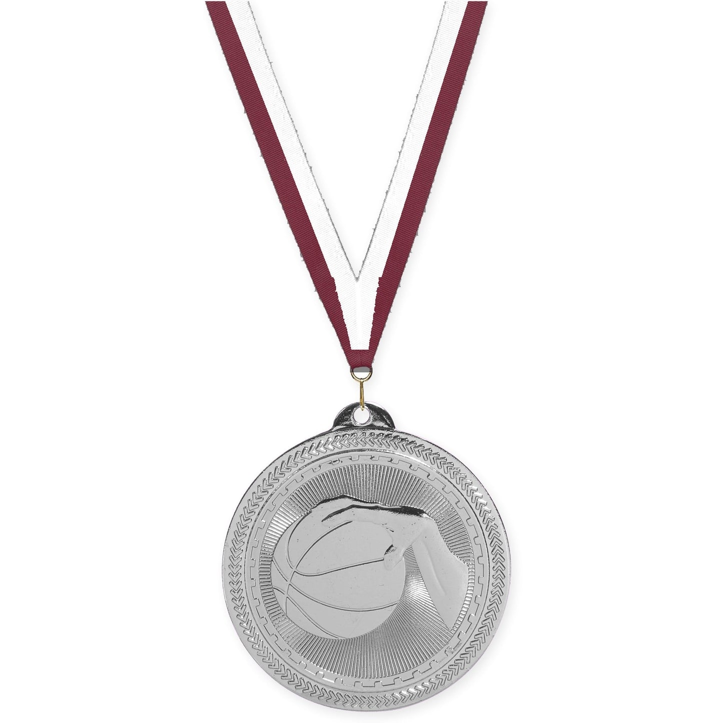 2 inch basketball Sunburst medal in bright silver with Maroon White neck ribbon