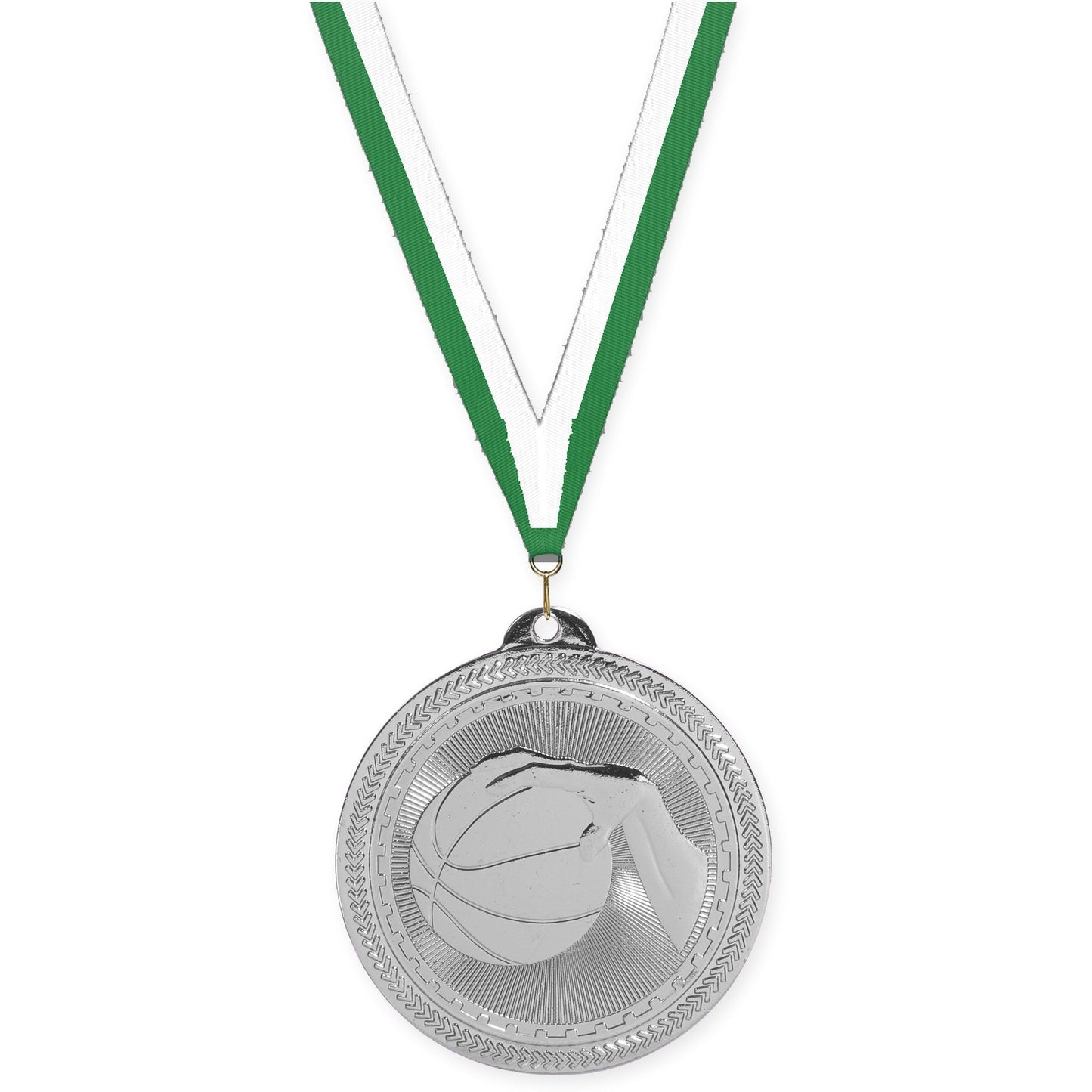 2 inch basketball Sunburst medal in bright silver with Green White neck ribbon