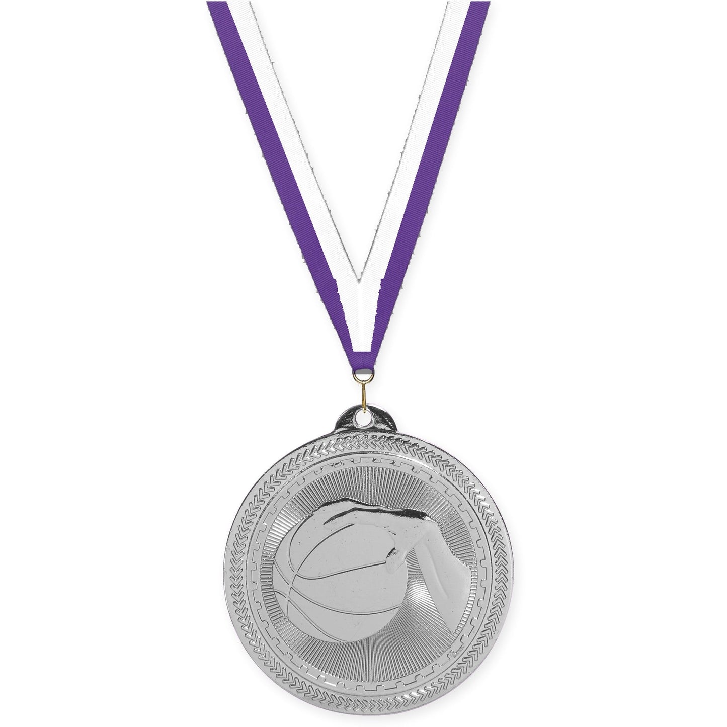 2 inch basketball Sunburst medal in bright silver with Purple White neck ribbon