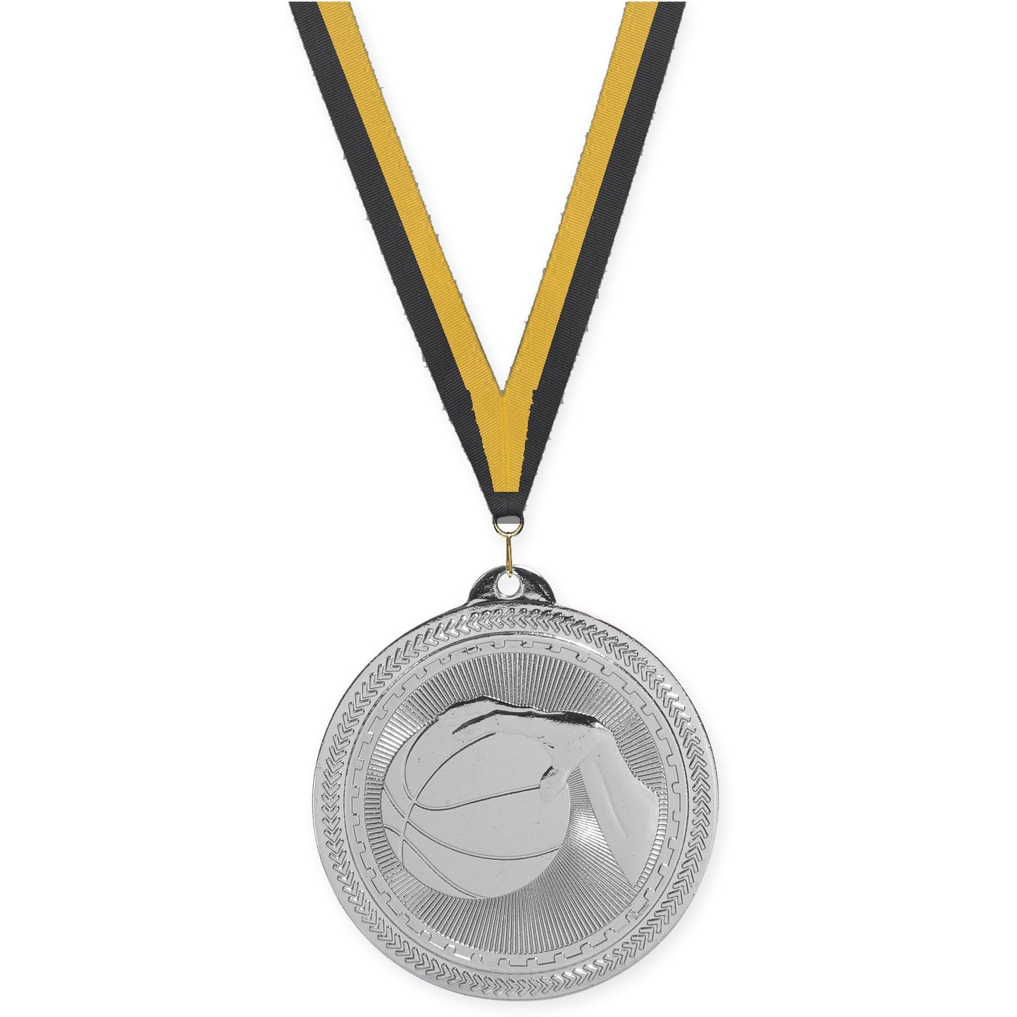 2 inch basketball Sunburst medal in bright silver with Black Gold neck ribbon