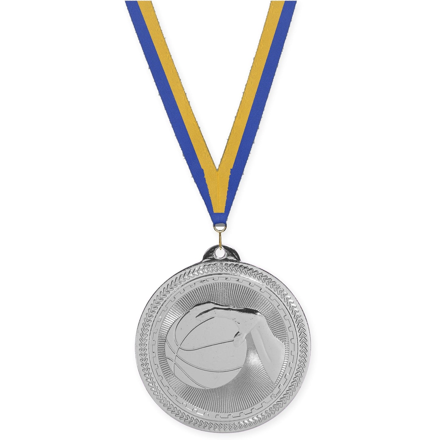 2 inch basketball Sunburst medal in bright silver with Blue Gold neck ribbon