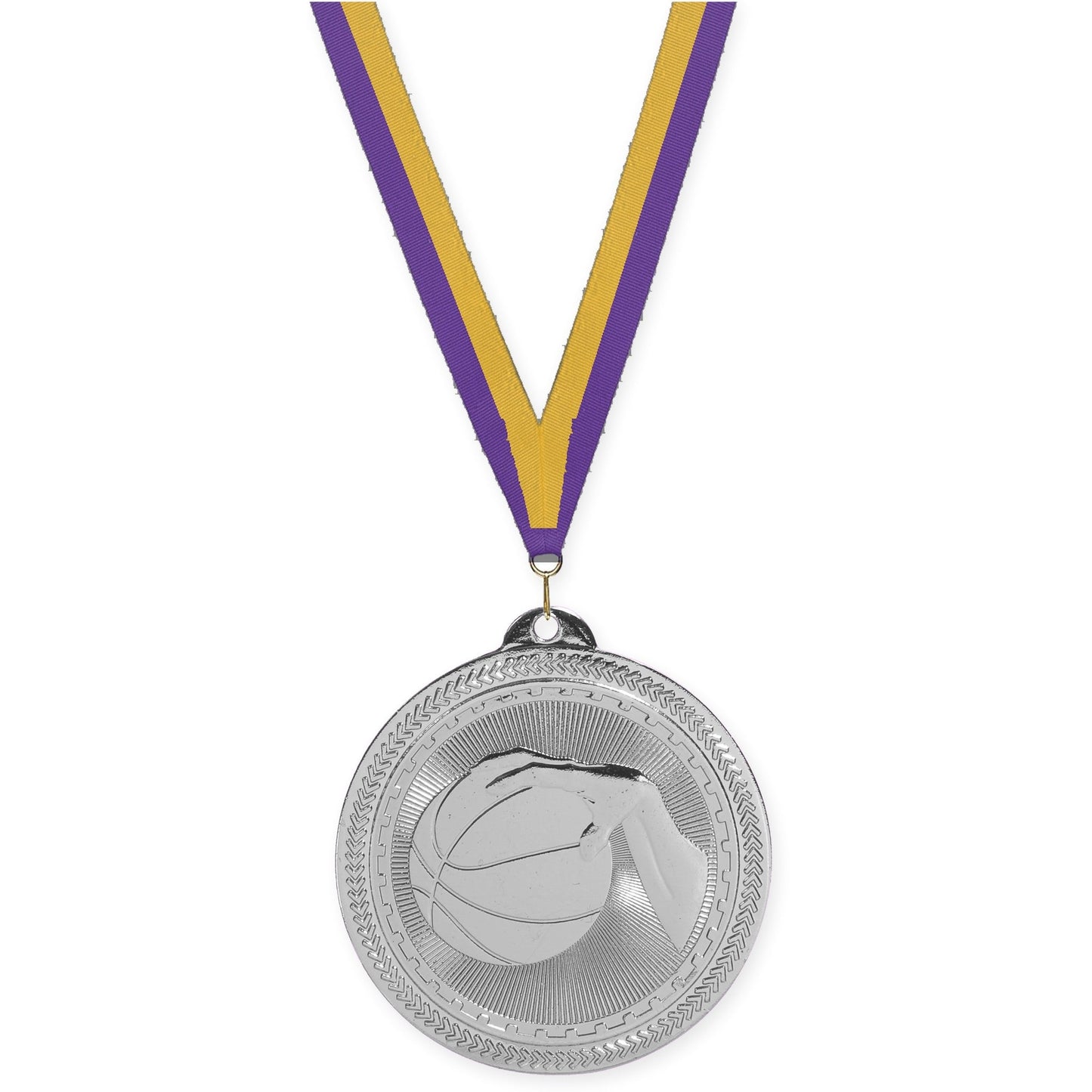 2 inch basketball Sunburst medal in bright silver with Purple Gold neck ribbon