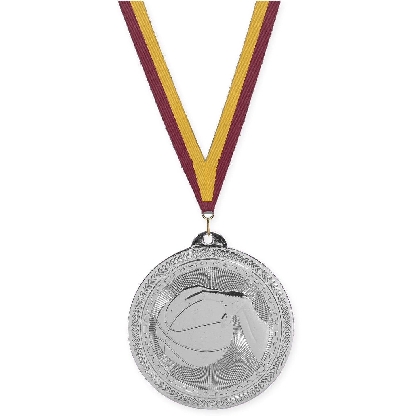 2 inch basketball Sunburst medal in bright silver with Maroon Gold neck ribbon