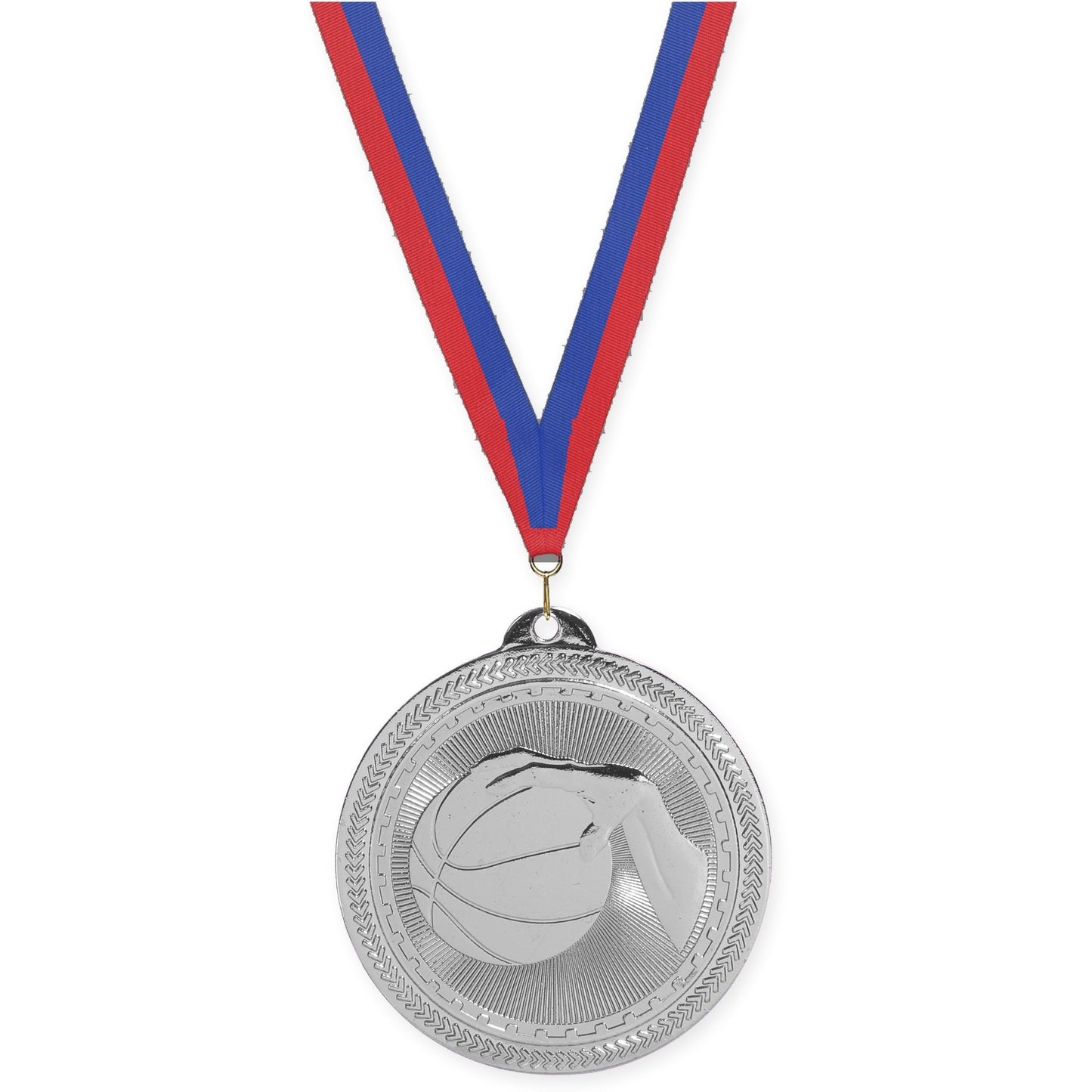 2 inch basketball Sunburst medal in bright silver with Blue Red neck ribbon