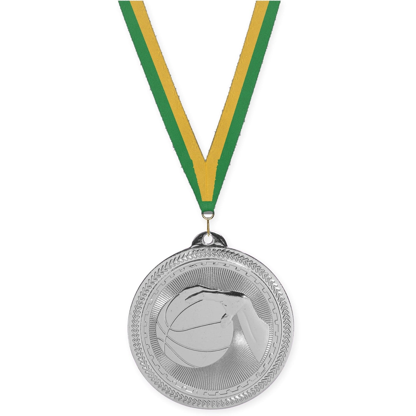 2 inch basketball Sunburst medal in bright silver with Green Gold neck ribbon