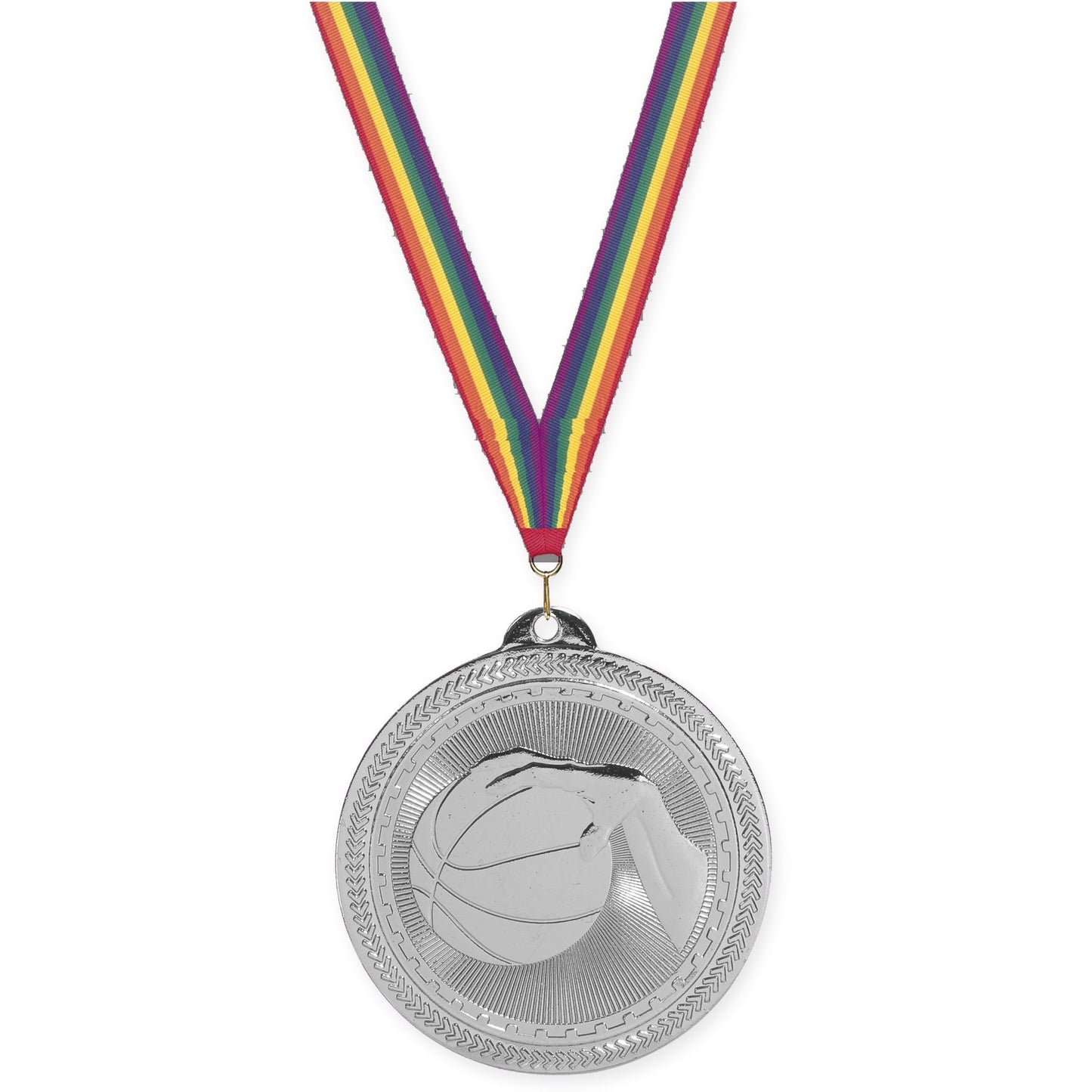 2 inch basketball Sunburst medal in bright silver with Rainbow neck ribbon