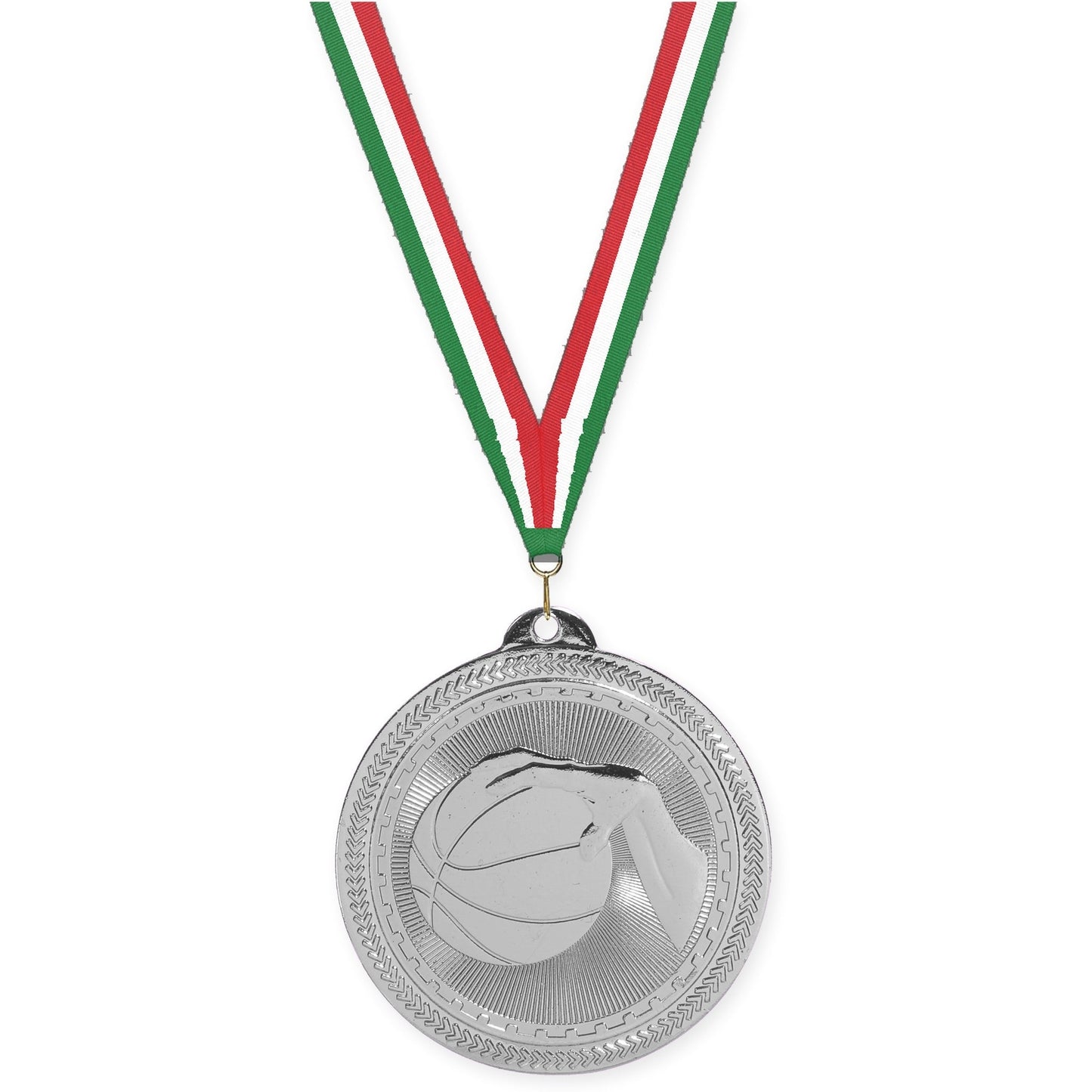 2 inch basketball Sunburst medal in bright silver with Green White Red neck ribbon